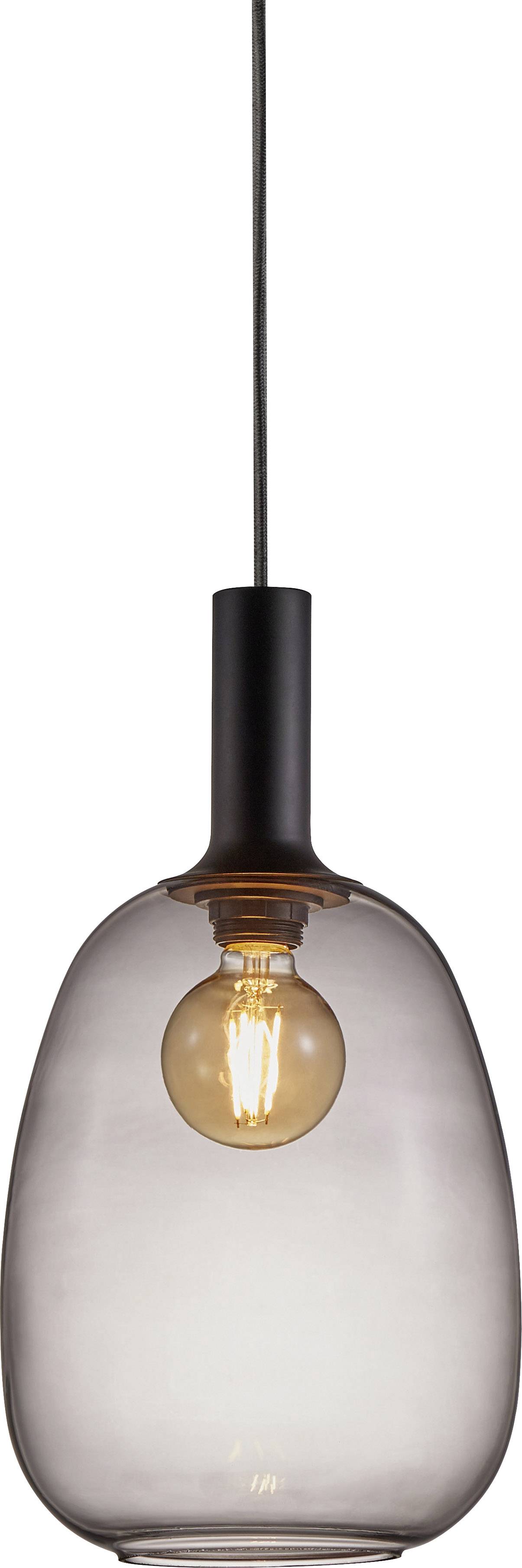 Una moderna lampada a sospensione con cupola di vetro trasparente e filamento a vista, sospesa dal soffitto.