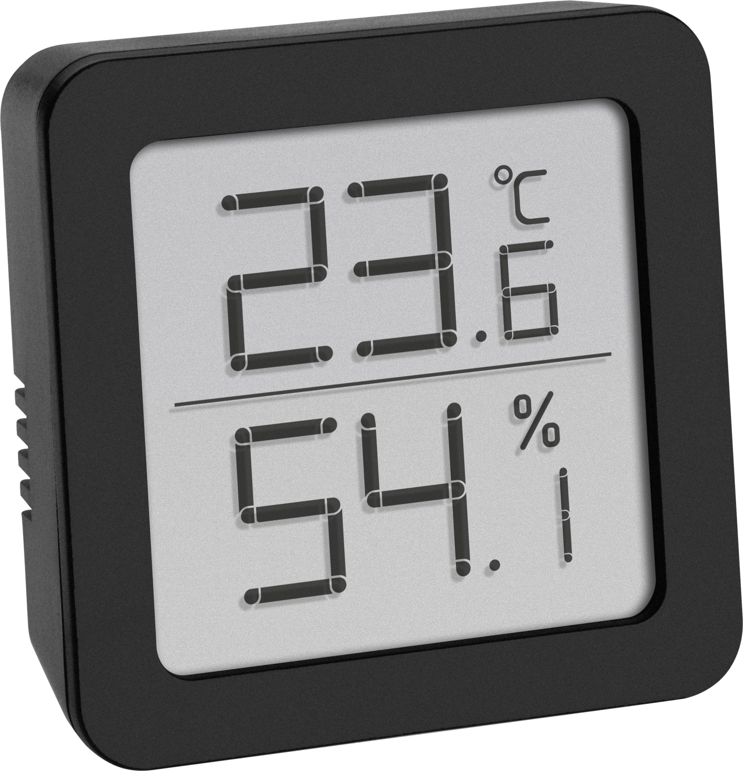 Termometro-igrometro digitale che mostra '23,6°C' e '54%'. Involucro nero quadrato, display con cifre grandi.