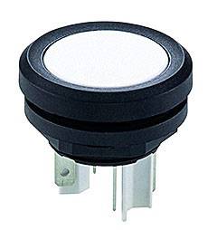 Un pulsante nero rotondo con superficie bianca e piedini metallici in basso. Adatto al controllo di dispositivi elettronici.