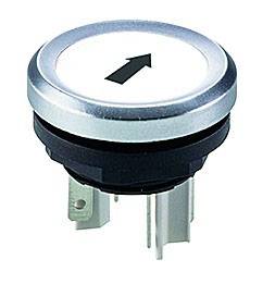 Bottone rotondo, argentato, con una freccia nera rivolta verso l'alto, posizionato simmetricamente al centro.