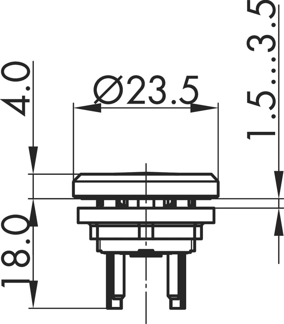 Disegno tecnico di un componente circolare con le seguenti misure: diametro 23,5 mm, altezza 18,0 mm, distanza tra i pin 4,0 mm.