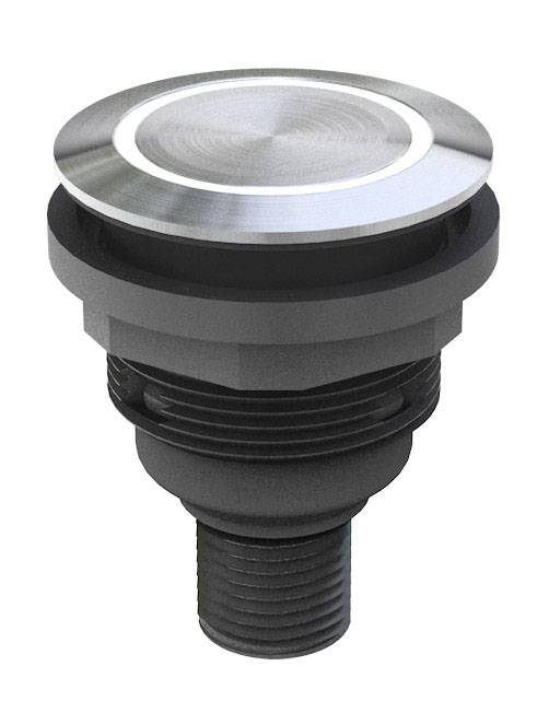 Bottone metallico con testa rotonda argentata e base nera scanalata, comunemente utilizzato per dispositivi o macchinari.