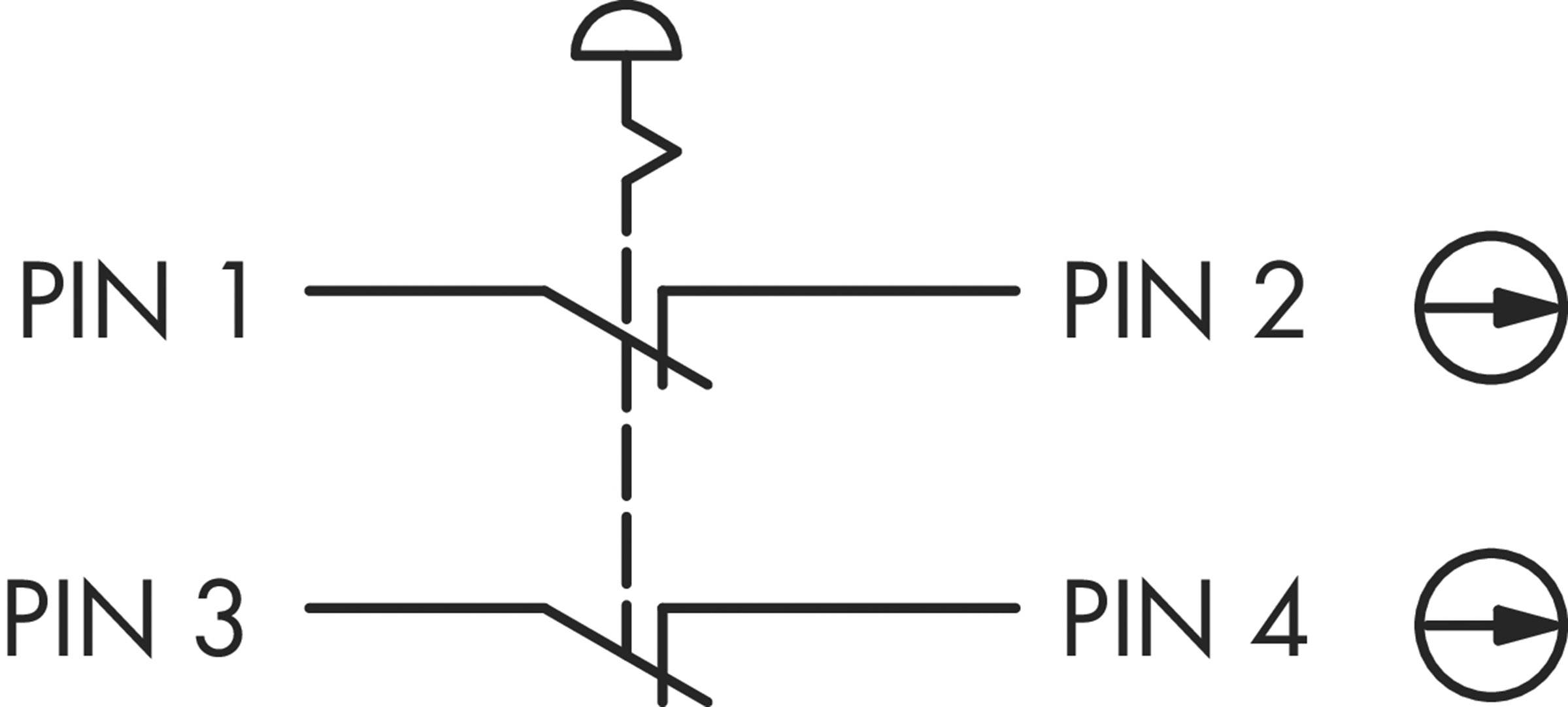 Schema di un optoaccoppiatore: Ingresso su PIN 1 e 2, LED, uscita transistor su PIN 3 e 4, frecce che indicano la direzione della corrente.