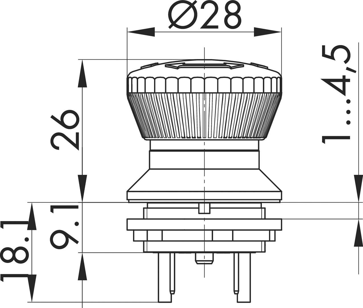 Disegno tecnico di un interruttore rotondo con dimensioni: diametro 28 mm, altezza da 1 a 4,5 mm, altezza totale 26 mm, piedini di connessione inferiori.