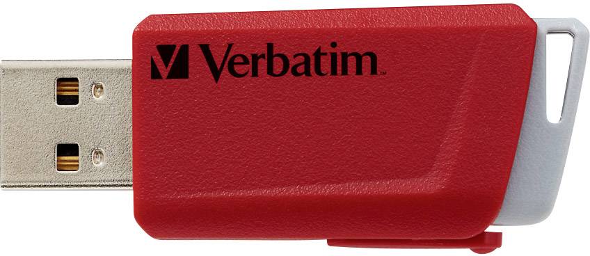 Chiavetta USB rossa del marchio 'Verbatim', parzialmente inserita nel cappuccio protettivo grigio.