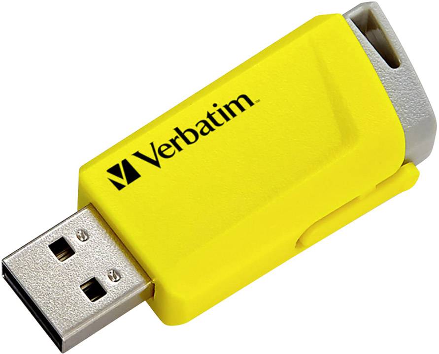 Chiavetta USB gialla Verbatim, aperta con connettore visibile.