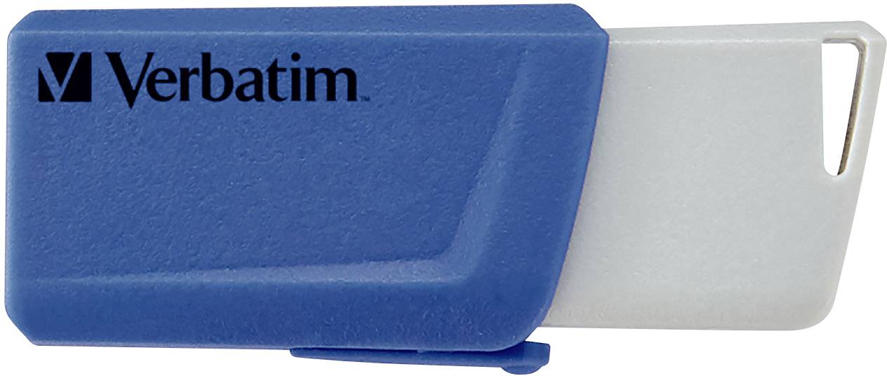 Una chiavetta USB blu di Verbatim con meccanismo di scorrimento grigio.
