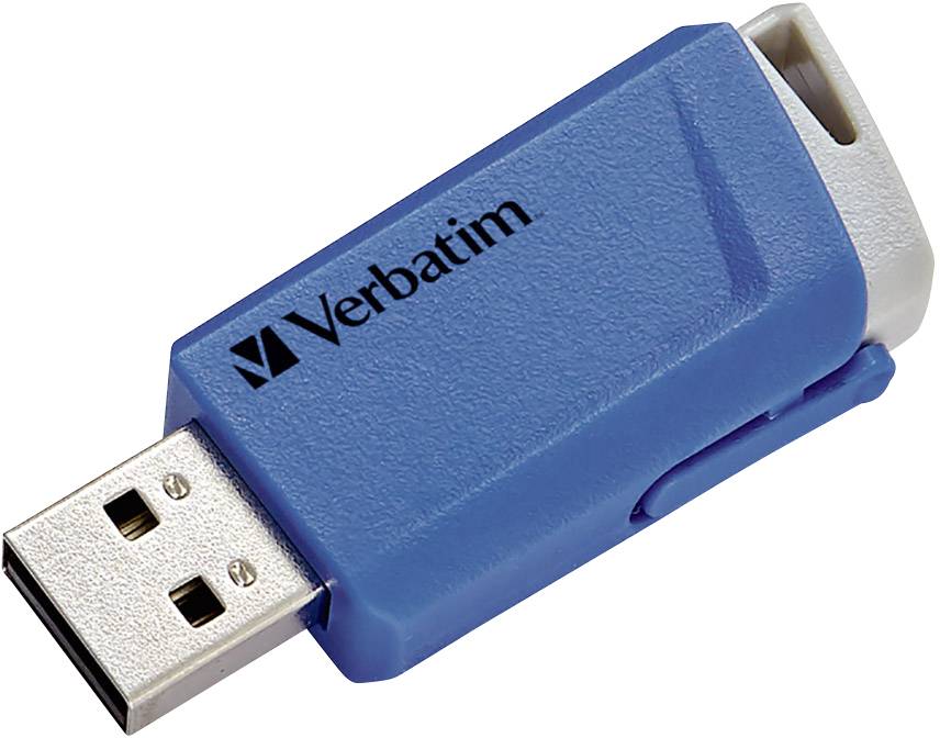 Una chiavetta USB blu con la scritta 'Verbatim'.