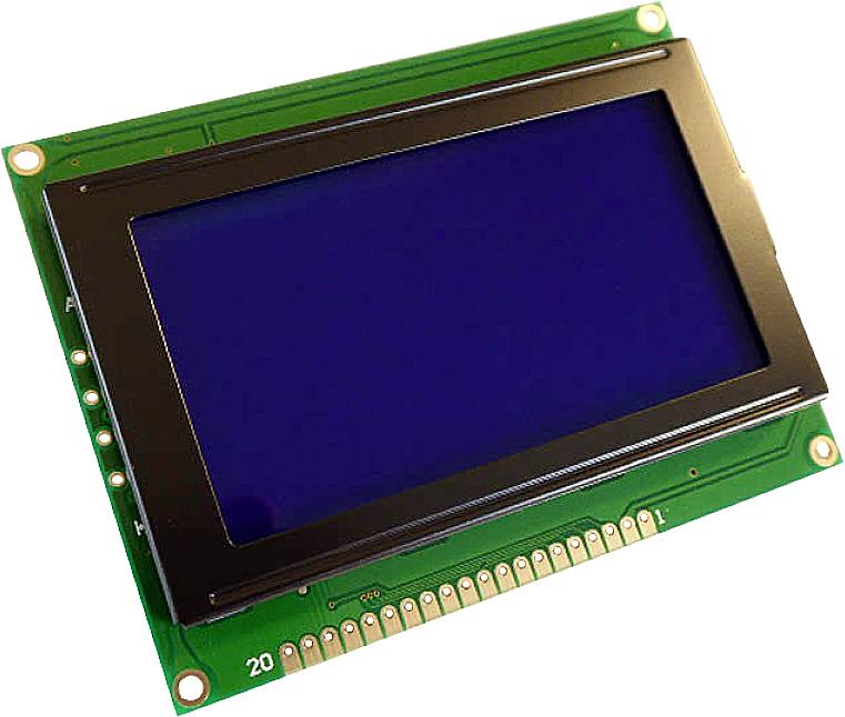 Un display LCD blu su una scheda elettronica verde. Possiede diversi slot per connessioni elettriche.
