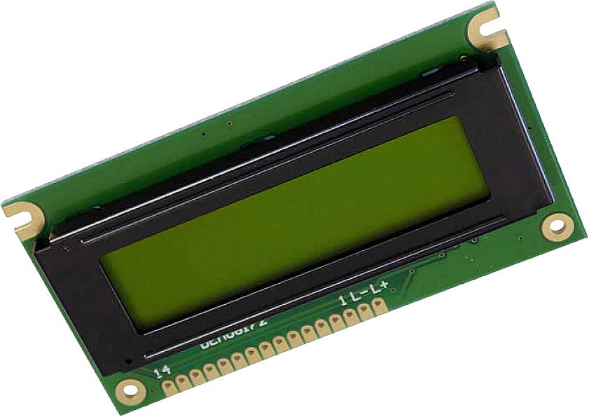 Un modulo LCD rettangolare con sfondo verde e pin neri per il collegamento elettrico. Nessun testo o altri dettagli visibili.