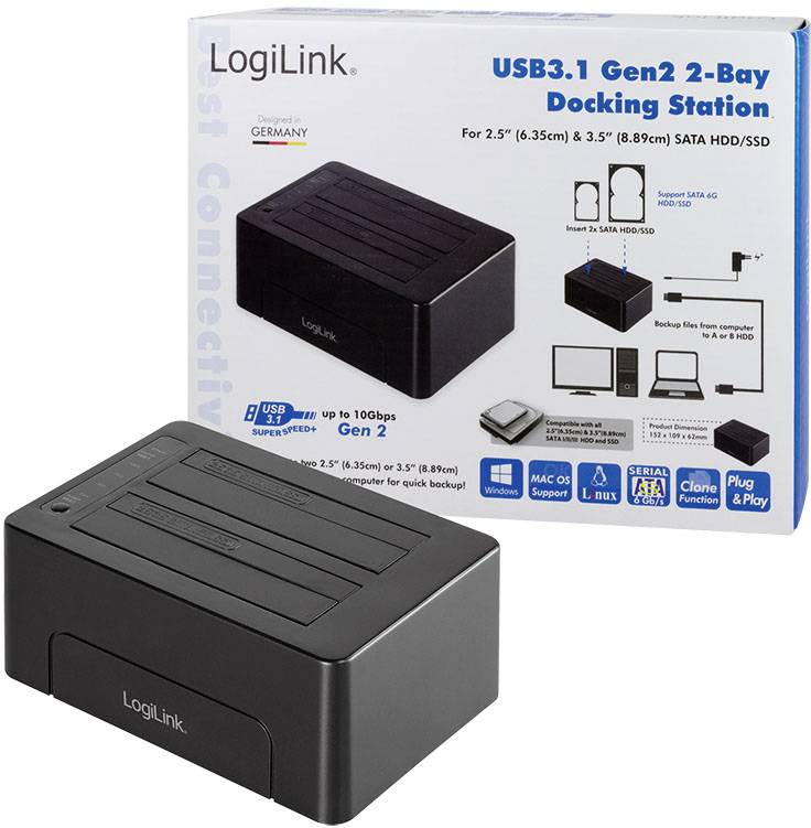 LogiLink QP0028 USB 3.2 (Gen 2) SATA 6 Gb/s 2 Porte Docking Station per hard disk 2.5 pollici, 3.5 pollici Con la funzione copia
