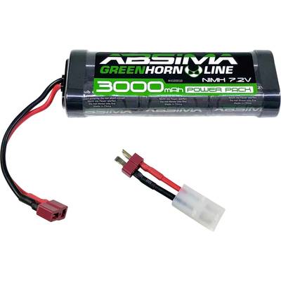 'Pacco batteria con scritta ABSIMA GREENHORN LINE NiMH 7.2V 3000mAh Power Pack' e due fili collegati.