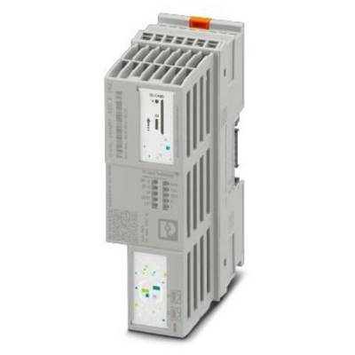 Dispositivo elettronico grigio, rettangolare, con fessure di ventilazione e etichette bianche sul lato frontale, in posizione verticale.
