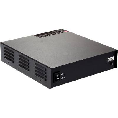 Un alimentatore rettangolare nero con fessure di ventilazione e un interruttore di accensione/spegnimento sul lato anteriore.