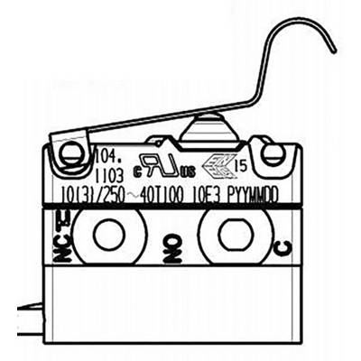 Disegno di un microinterruttore con leva e specifiche tecniche, inclusi corrente di commutazione e tensione.