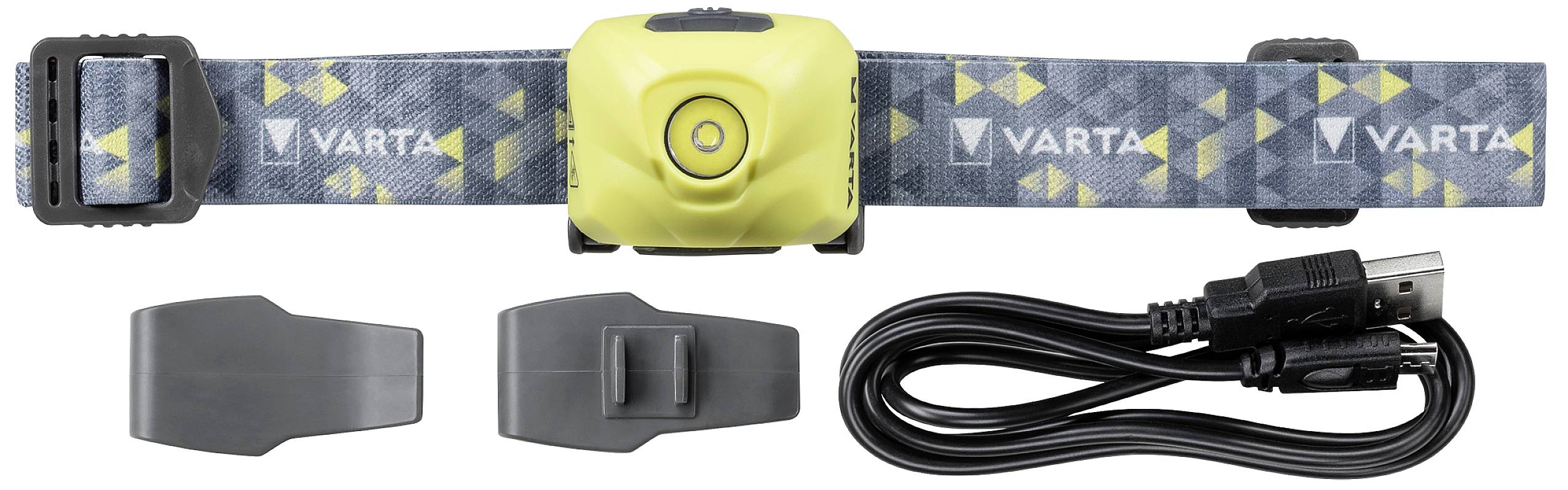 Lampada frontale giallo-nera con logo 'Varta', due supporti grigi e un cavo USB nero.