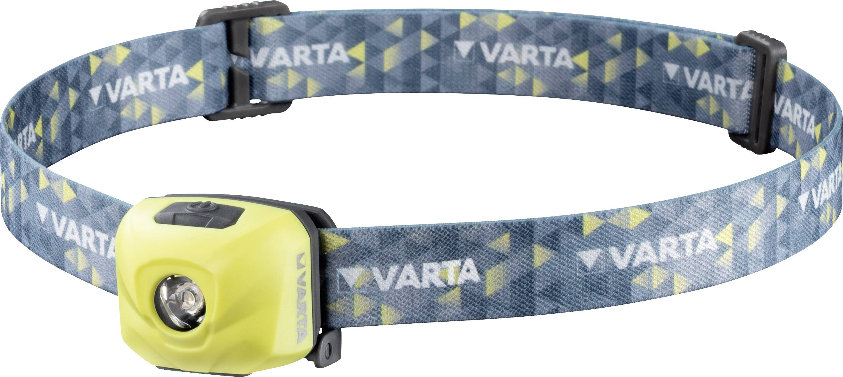 Lampada frontale gialla con fascia blu a motivi, su cui è scritto 'VARTA'. Luce principale anteriore, fascia regolabile per un fissaggio sicuro.
