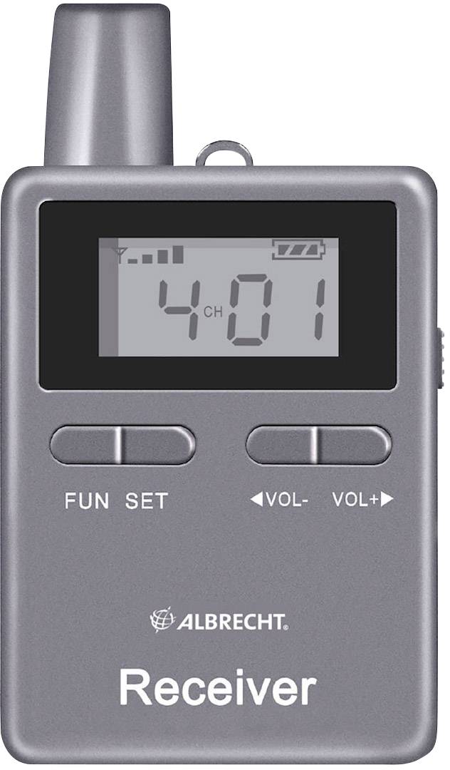Un ricevitore portatile grigio di Albrecht con display digitale, mostra '4 CH' e il livello della batteria. Tasti per le funzioni e il volume.