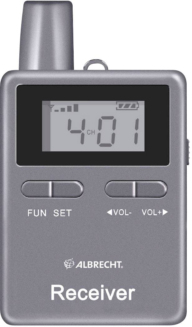 Un ricevitore radio grigio con display mostra '4:01' e il livello della batteria. Tasti: 'FUN', 'SET', 'VOL-', 'VOL+'. Scritta in basso: 'Albrecht Receiver'.