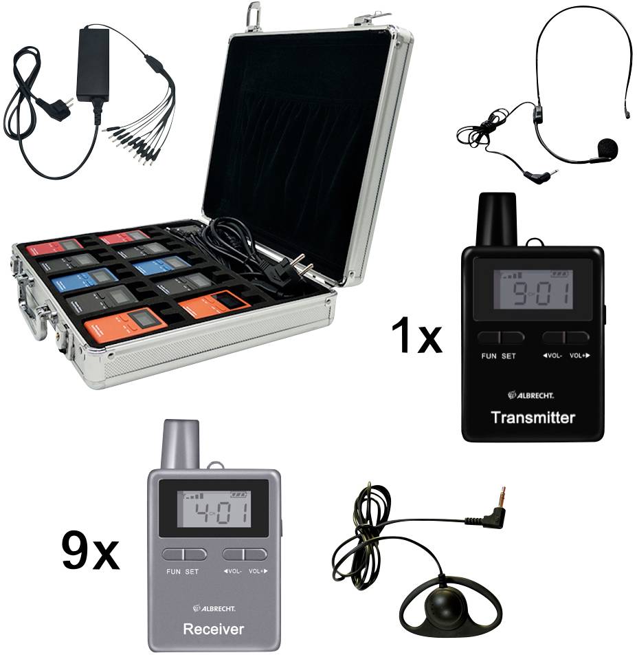 'Sistema guida turistica wireless': Valigetta aperta con 10 dispositivi, di cui 1 trasmettitore e 9 ricevitori, cuffie e accessori, adatto per visite guidate di gruppo.