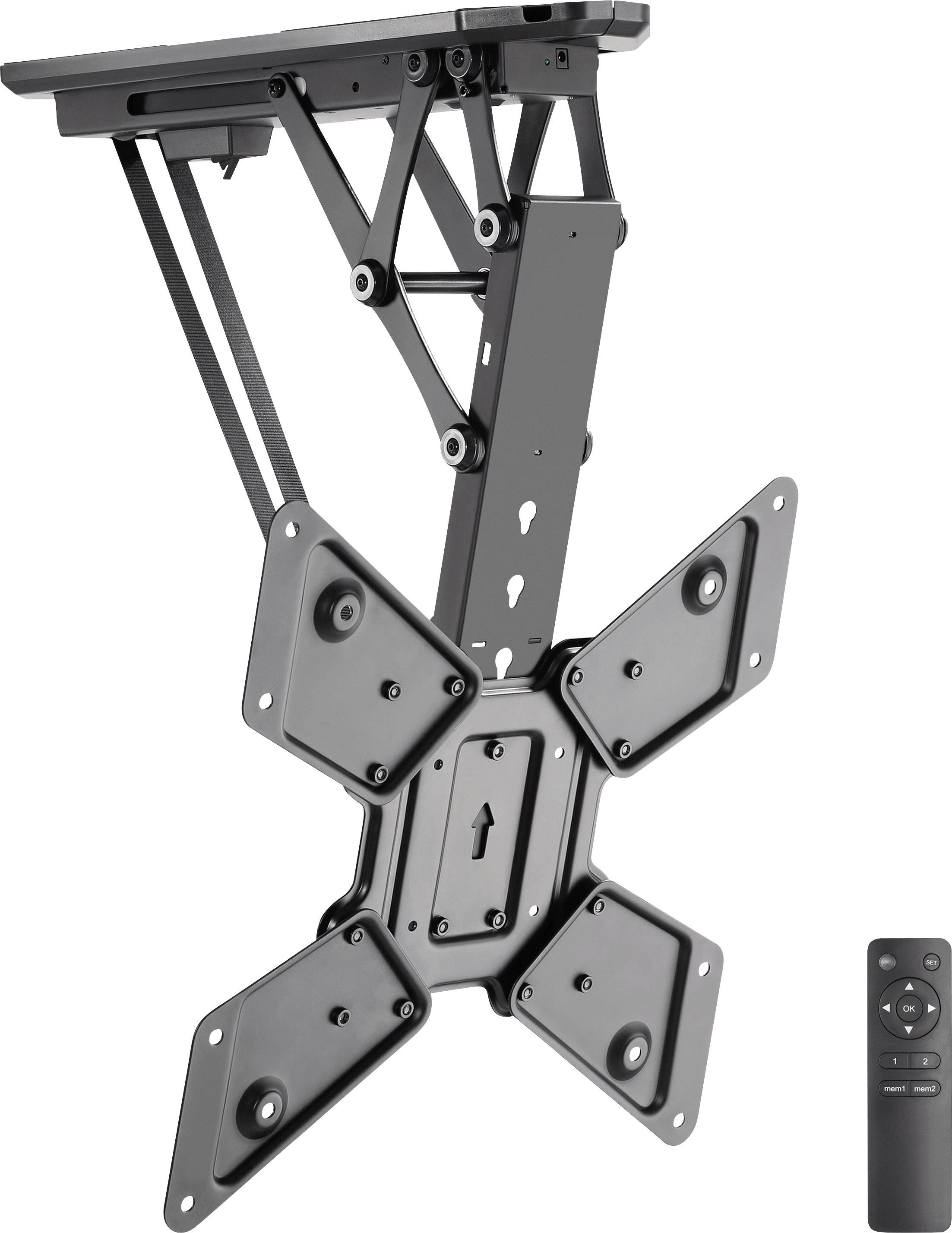 Supporto TV e telecomando. Il supporto è girevole ed è adatto per il montaggio a soffitto. Il telecomando controlla l'inclinazione e il movimento.