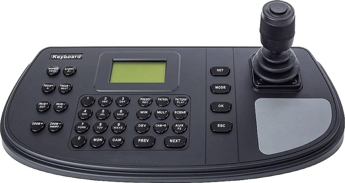 Pannello con tasti, joystick e schermo, utilizzato per il controllo di sistemi di telecamere.