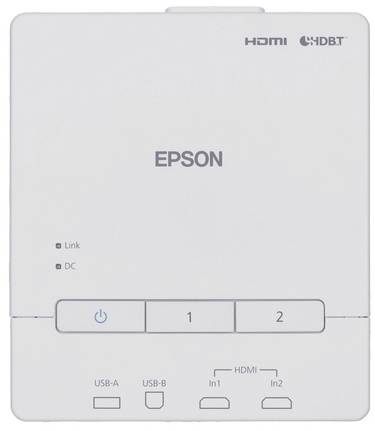 Un dispositivo Epson con porte HDMI e HDBaseT. Dispone di spie di stato Link e DC e interruttori per gli ingressi 1 e 2, nonché porte USB-A e USB-B.