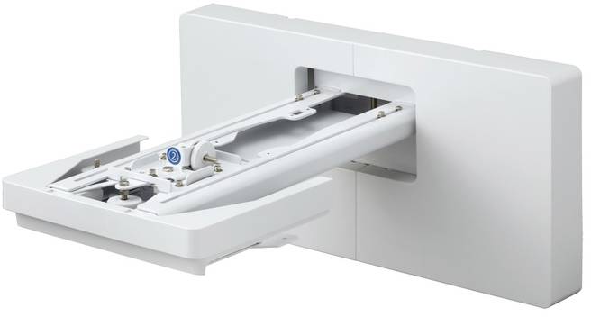 Braccio snodabile da parete bianco, dispiegato. Contiene guide di fissaggio e scanalature per viti, adatto per un montaggio stabile.