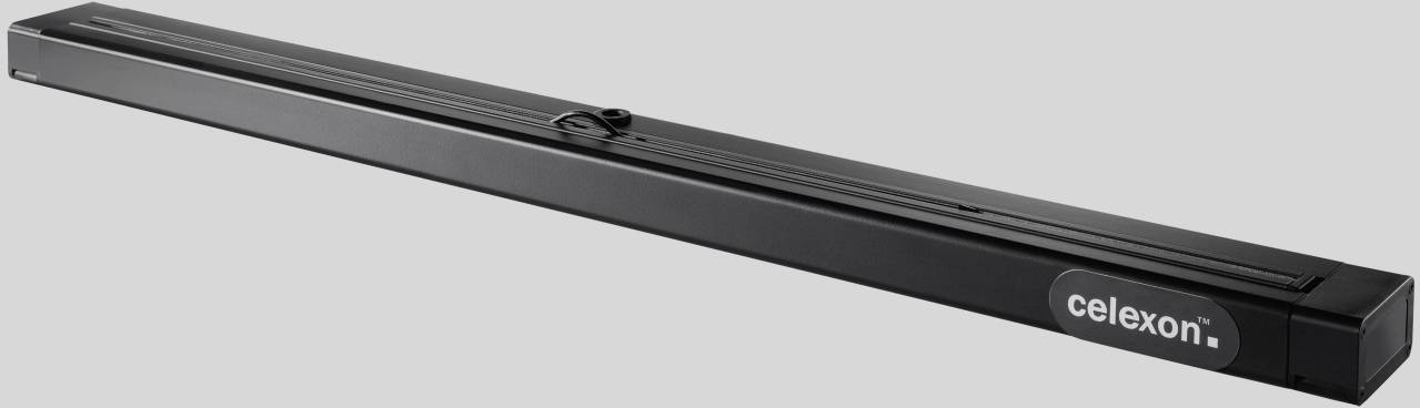 Una lunga scatola nera con il logo 'celexon' sul lato, probabilmente uno schermo di proiezione portatile nella sua configurazione chiusa.