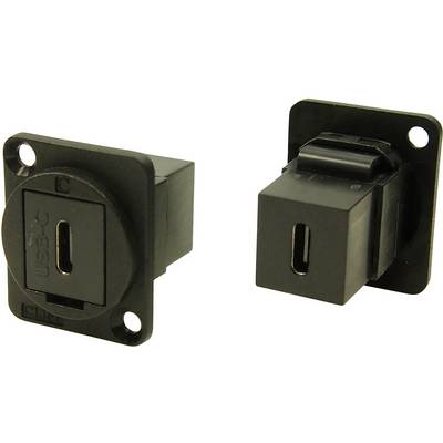 Due prese USB-C da incasso in nero, una frontale, l'altra vista lateralmente, adatte per dispositivi o pannelli.