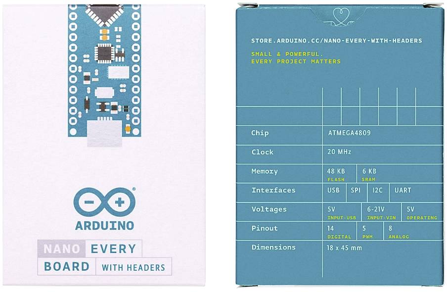 La confezione di una scheda "Arduino Nano Every". A sinistra il logo, a destra i dettagli tecnici: Chip ATMEGA4809, clock 20 MHz, memoria 48 KB, interfacce: USB, SPI, I2C, UART.