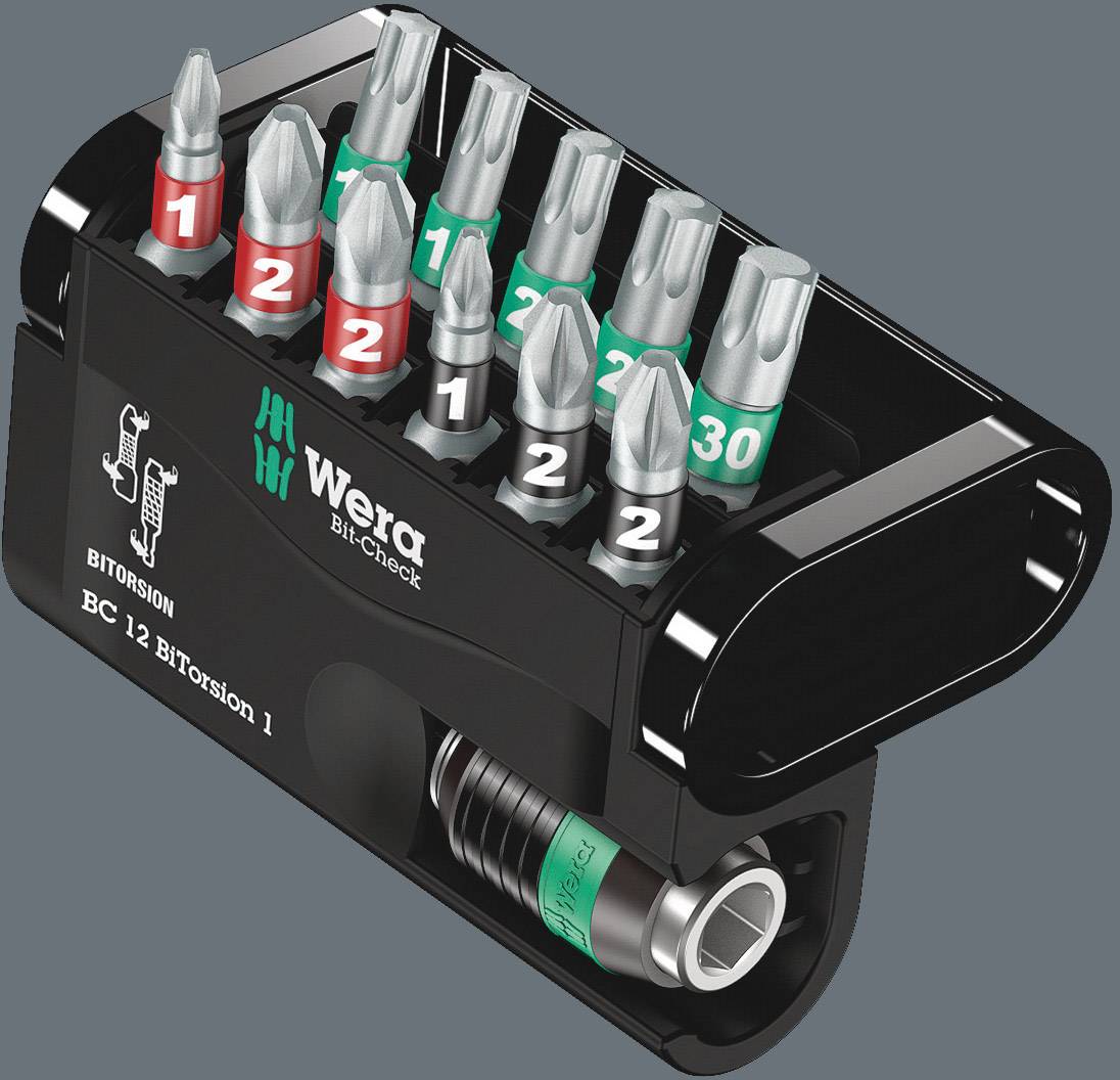 Set di bit Bitsatz con cacciaviti codificati a colori di Wera in un supporto nero compatto, ideale per lavori di precisione.