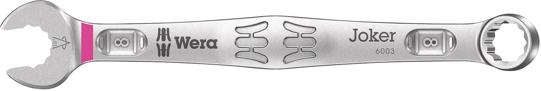 Una chiave combinata in argento della marca Wera, modello Joker. A sinistra una bocca aperta, a destra una chiave ad anello; adatta per serrare e svitare viti.