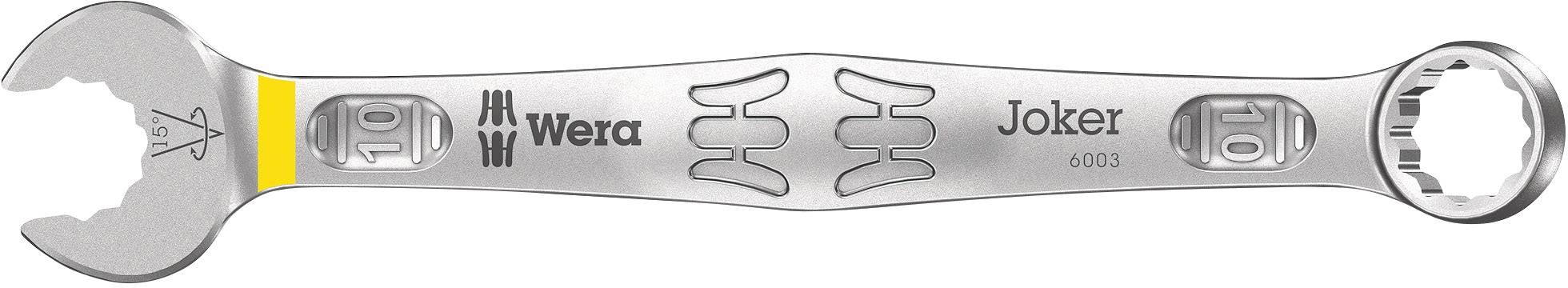 Una chiave combinata in argento con la scritta 'Wera Joker 6003'. La bocca di sinistra è contrassegnata in giallo, mentre quella di destra ha un'apertura dentellata.