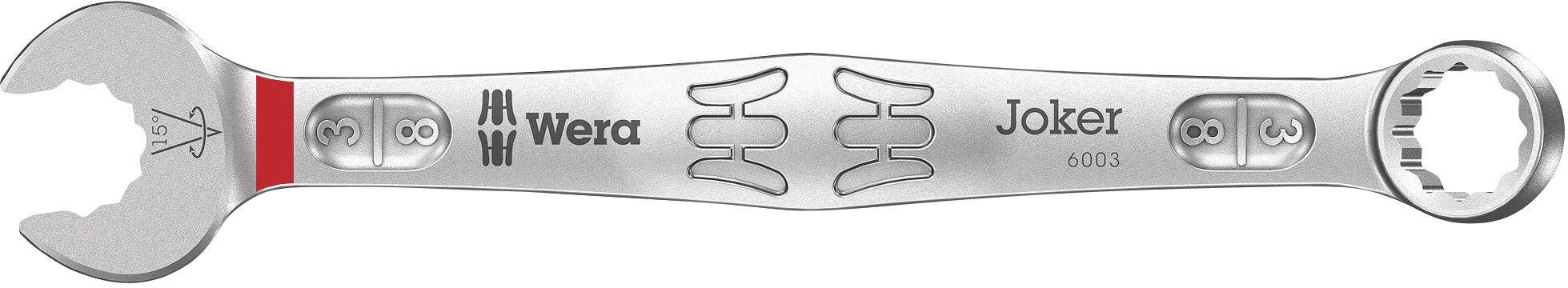 Chiave Wera Joker 6003 in argento con elemento rosso. A destra è presente un'apertura ad anello. Progettata per avvitare con precisione.