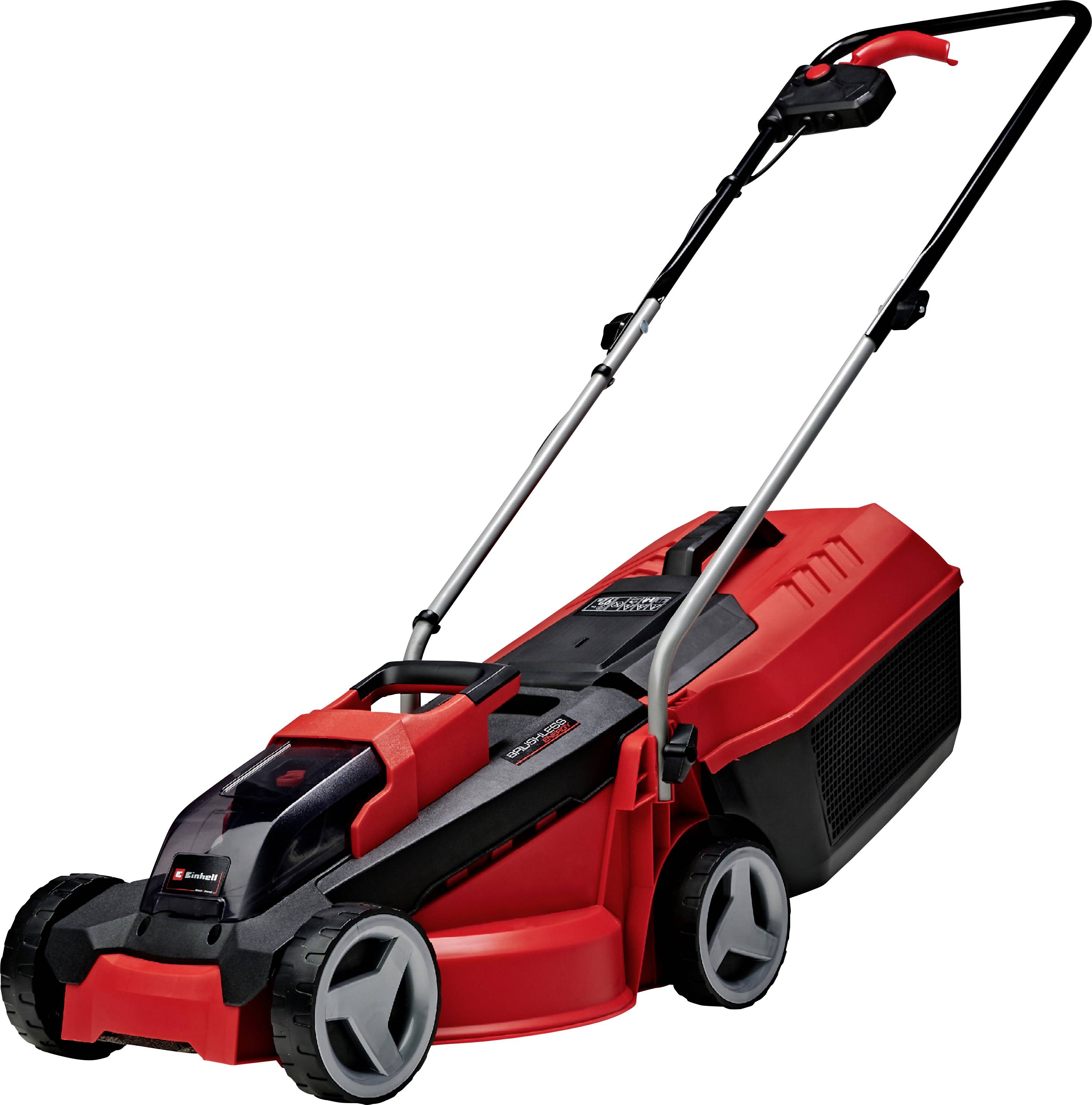 Tagliaerba elettrico a spinta rosso e nero con sacco di raccolta dell'erba, mostrato su sfondo bianco.