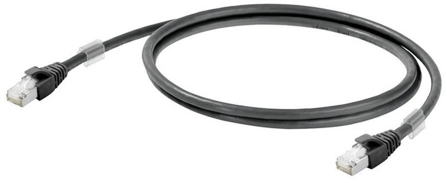 Un cavo Ethernet nero con due connettori RJ45 alle estremità è adagiato in un'ampia curva.
