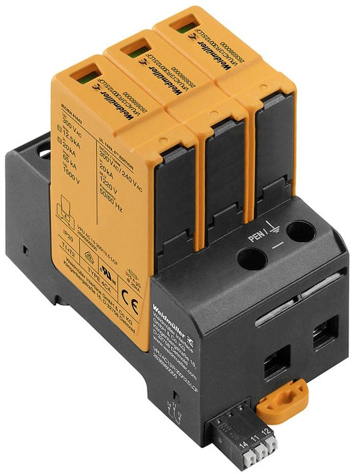 Dispositivo di protezione da sovratensione con tre moduli di protezione modulari di colore arancione. Idoneo per tensione alternata 230/400 V.