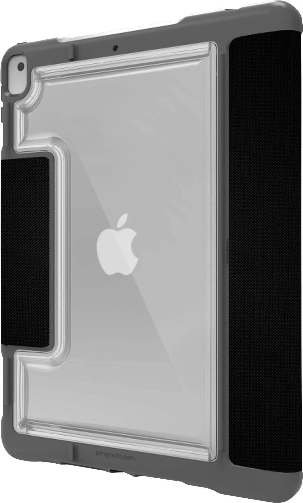 Tablet in una custodia protettiva con parte posteriore trasparente, con logo Apple visibile.