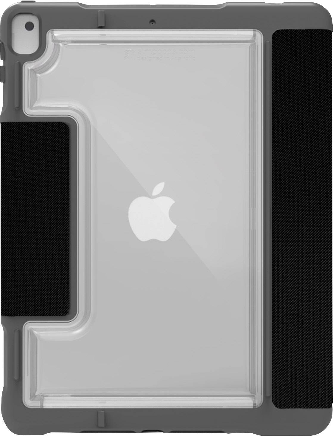 Vista posteriore di un dispositivo tablet con custodia protettiva trasparente e logo Apple visibile al centro.