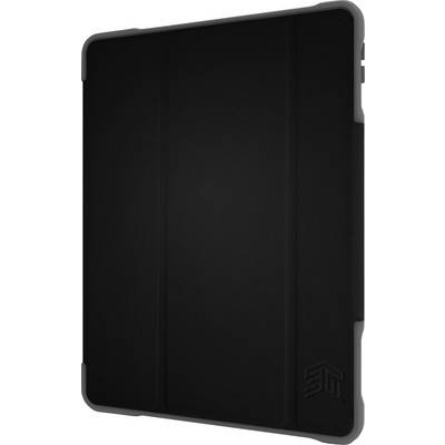 Custodia protettiva nera per tablet con superficie strutturata, offre protezione degli angoli e schiena rigida per una presa più salda.