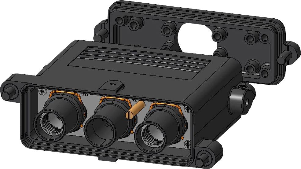Componente elettronica con tre connettori bordo arancione, involucro aperto, mostra la struttura interna e i relativi attacchi.