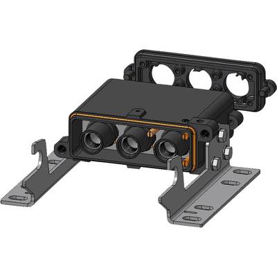 Un dispositivo tecnico con tre connessioni cilindriche su un supporto metallico. Adatto per applicazioni industriali.