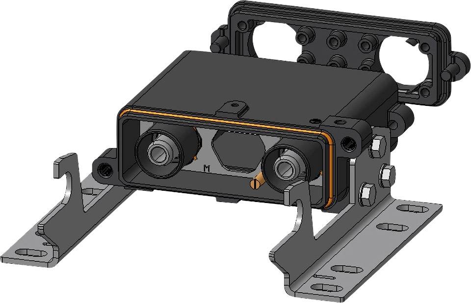 Telecamera compatta, nera, con due obiettivi, montata su un supporto metallico. Adatta per applicazioni industriali o tecniche.