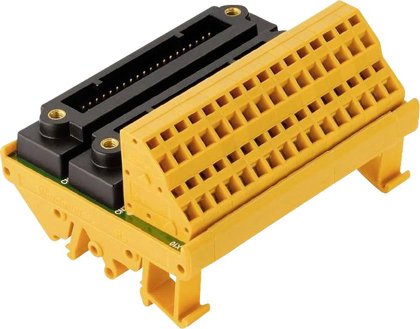 Un connettore giallo con più possibilità di collegamento e un inserto nero è posizionato di lato ed è adatto per applicazioni industriali.