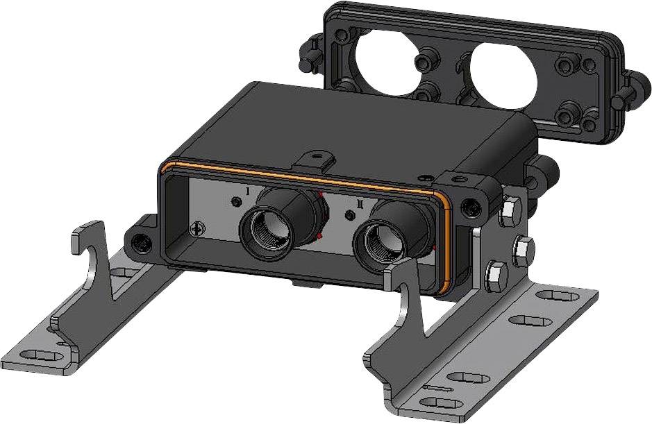 Telecamera industriale con due obiettivi, montata su un telaio metallico; utilizzata per il monitoraggio o il controllo di macchinari.