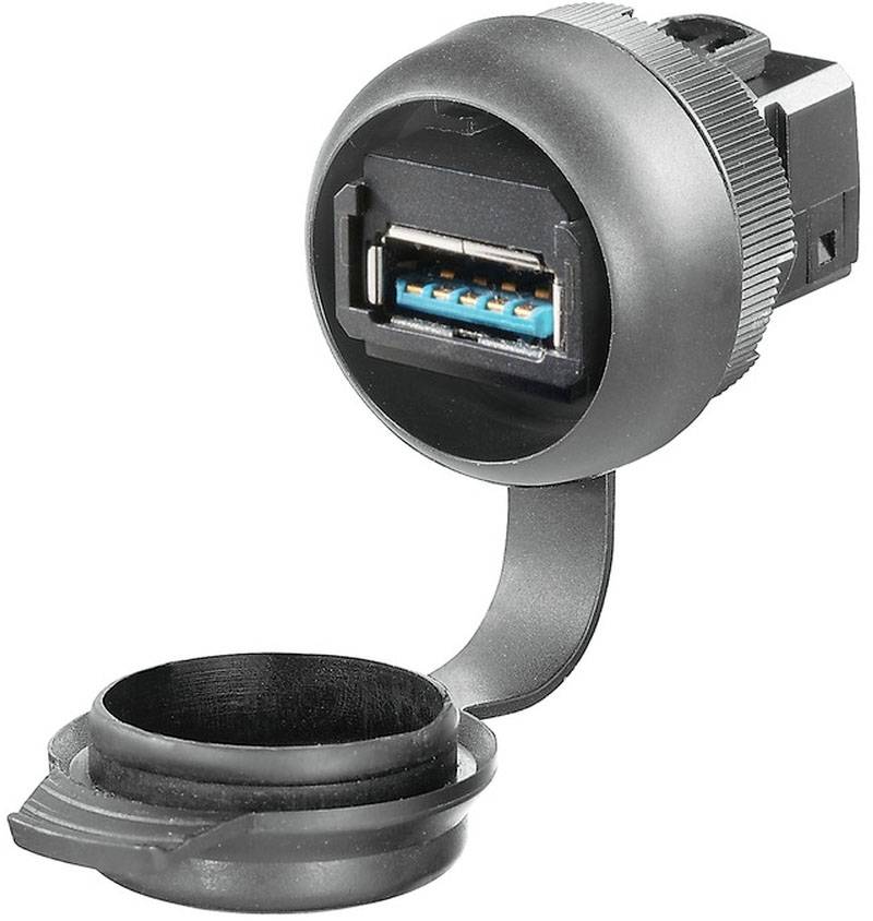 'Connettore USB circolare con cappuccio protettivo, cavo visibile. Adatto per l'installazione in dispositivi per la connessione con periferiche USB esterne.'