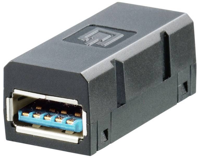 Adattatore USB in primo piano, nero, con connessioni visibili e contatti blu.