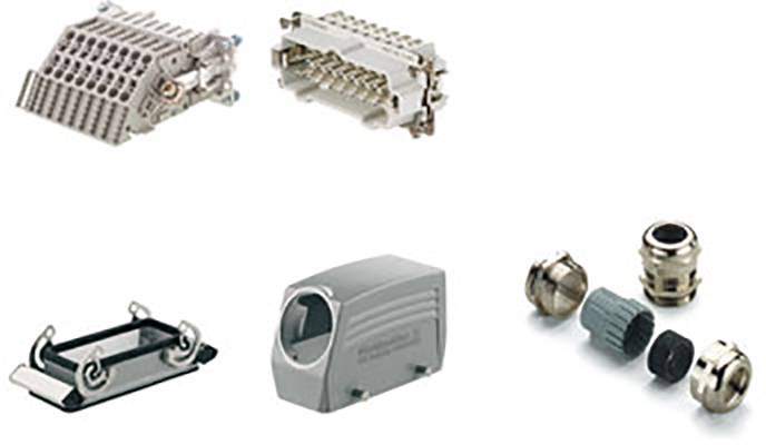 Vari connettori industriali e involucri, compresi contatti multipolari, pressacavi e coperture protettive.