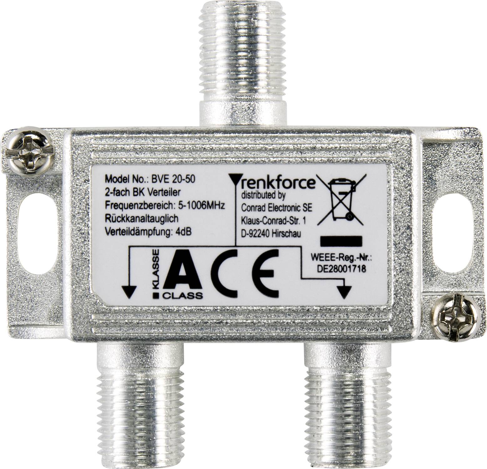 'Distributore BK metallico a 2 vie del marchio rentfence. Gamma di frequenza: 5-1006MHz, Disaccoppiamento di ritorno: 22dB, Attenuazione del distributore: 4dB.'